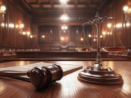 Justice scales and gavel in a quiet courtroom setting photo