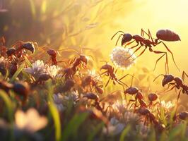 Ants working together in a flower-filled meadow during sunset photo