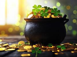 Pot filled with gold coins and green clovers in warm sunlight photo