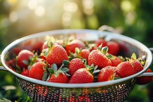 Freshly harvested strawberries in a colander on a sunny day photo