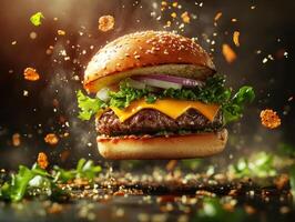 Juicy burger with fresh ingredients floating in a flavorful scene photo