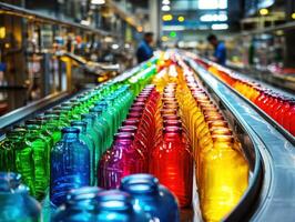 Colorful glass bottles on a production line in a factory photo