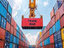 Crane lifting a container labeled Trade War in shipping yard photo