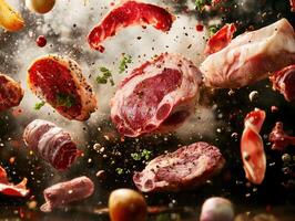 Floating cuts of meat in a dynamic cooking display at a market photo