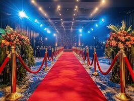 Elegant red carpet setup for a special event with floral decorations photo