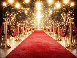 Glamorous red carpet event with bright lights and golden decor photo
