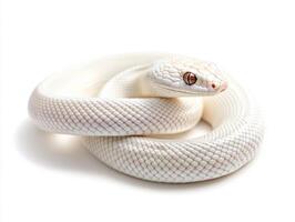 White snake coiled on a smooth surface in a bright setting photo