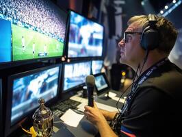Sports commentator focused on live broadcast during a match photo