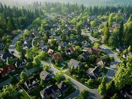 Residential community surrounded by lush greenery in the afternoon photo