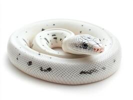 Unique white snake with black pattern resting in a coiled position photo