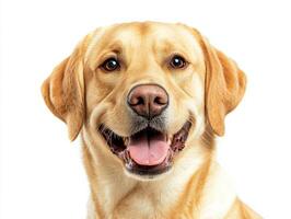 Happy golden retriever with a joyful expression indoors photo