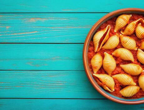 Delicious pasta shells filled with cheese on a vibrant turquoise table photo