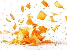 Crispy potato chips burst into pieces against a white backdrop photo
