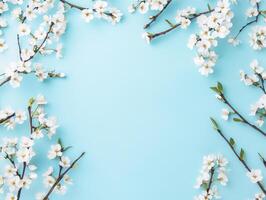 Blossom branches arranged on a blue background in springtime photo