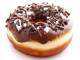 Delicious chocolate frosted donut with sprinkles and cream filling photo