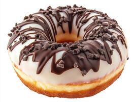Decadent chocolate frosted donut with cookie crumble topping photo