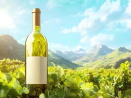 Bottle of wine surrounded by lush vineyard landscape at sunset photo