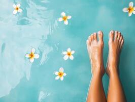Relaxing feet in turquoise water surrounded by flowers photo
