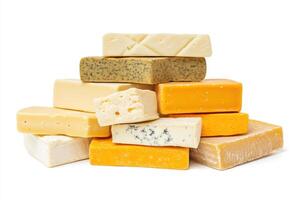 Assortment of various cheese types stacked artistically on display photo