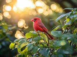 Bright red cardinal perched on green leaves at sunset photo