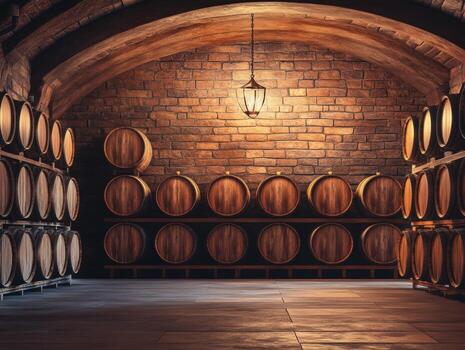 Wine barrels stored in a rustic cellar with warm lighting photo