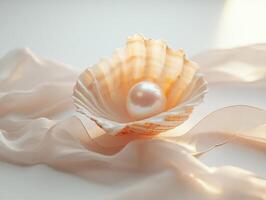 Elegant pearl resting in a seashell on smooth fabric photo