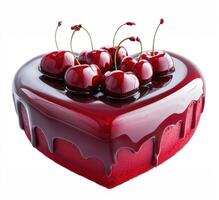 Heart-shaped cherry cake with glossy glaze and fresh cherries photo