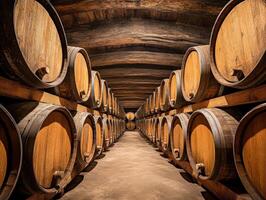 Wine barrels in cellar highlight traditional storage photo