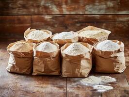 Different types of flour in paper bags on a wooden table photo