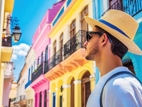 hombre disfrutando vistoso arquitectura en un vibrante calle durante tiempo de día foto