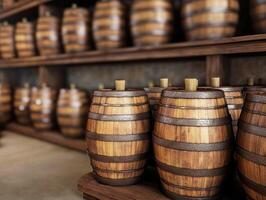 Wooden barrels arranged neatly on shelves in a rustic storage area photo