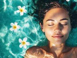Woman relaxes in clear water with flowers floating nearby photo