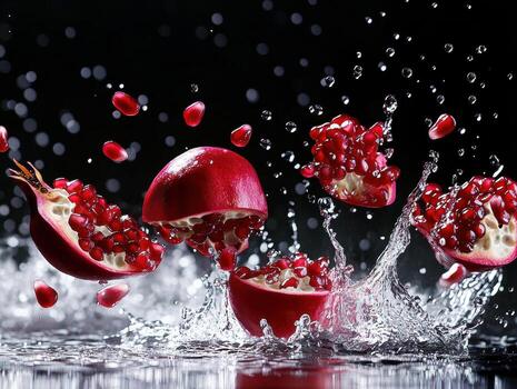 Pomegranate halves burst in water creating dynamic splashes photo