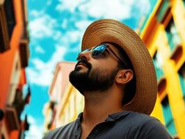 Man in straw hat enjoys sunny day in vibrant city street photo
