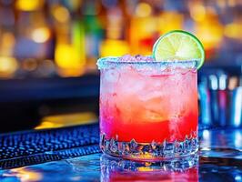 Colorful cocktail served with a lime slice on a bar countertop photo