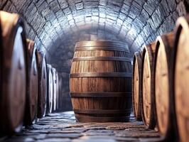Old wooden barrels lined up in a dimly lit stone cellar photo