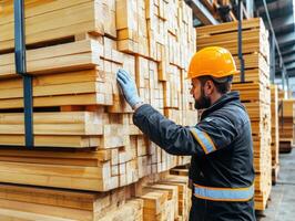 Worker inspecting stacked lumber in a warehouse during the day photo