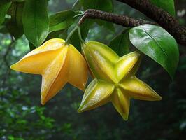 Yellow star-shaped tropical fruit hanging from tree branches photo