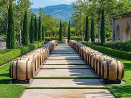 Vineyard pathway lined with wooden barrels in a sunny landscape photo