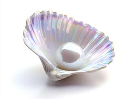 Beautiful pearl resting in a shining seashell on a white surface photo