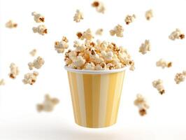 Popcorn bursts into the air from a yellow and white striped container photo