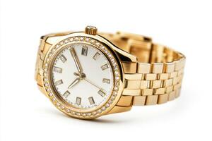 Elegant gold wristwatch with diamond accents displayed prominently photo