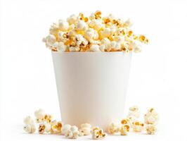 Perfectly popped corn in white cup on bright background photo