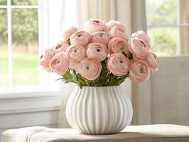 Soft pink ranunculus bouquet in a white vase near a window photo
