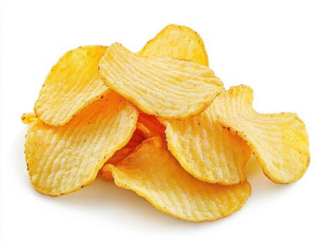 Crispy potato chips piled on a white background ready for snacking photo