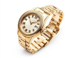 Elegant gold watch with diamond embellishments and Roman numerals photo