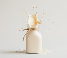 Milk splashing from a glass bottle on a plain background photo