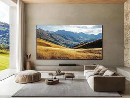 Living room features modern design with mountain landscape view photo