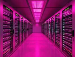 Servers illuminated by vibrant pink lighting in modern data center photo