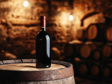 Wine bottle on barrel in dimly lit cellar with wine barrels photo